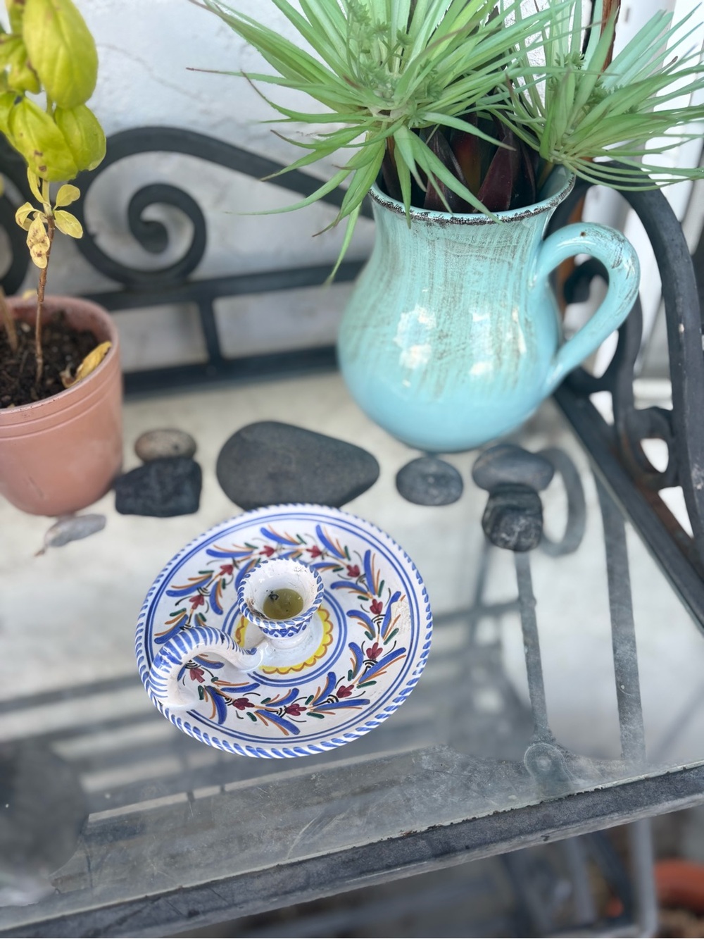 Hand Painted Spanish Ceramic Folk Art Signed candle Stick Holder